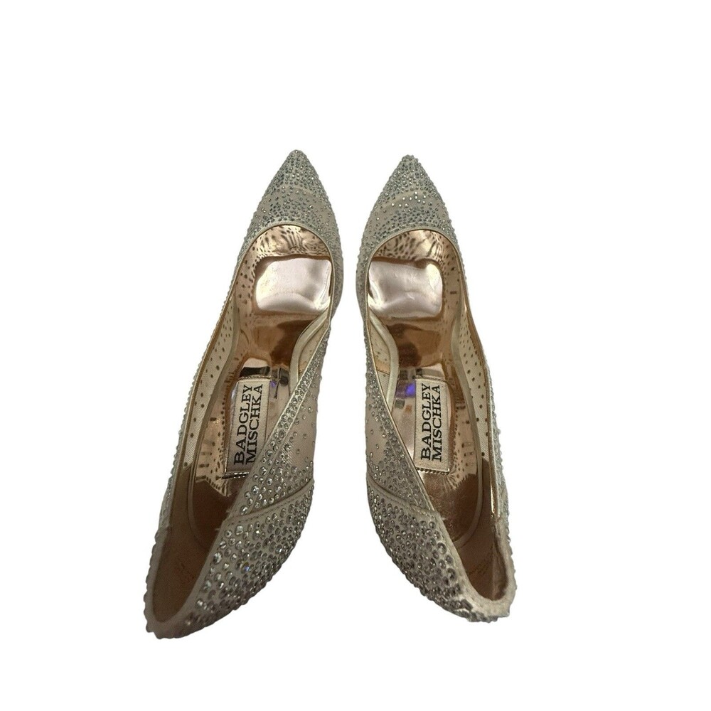 Badgley Mischka Weslee Crystal Embellished Mesh Pointed Toe Pumps Silver 6.5 - Picture 4 of 10